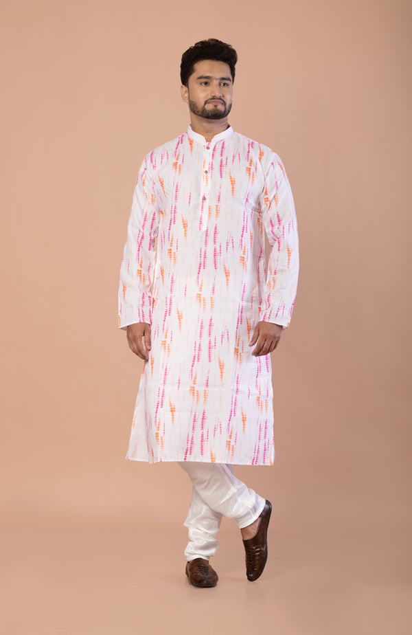 Men’s White Tie-Dye Printed Kurta | Cotton Fabric | Festive & Occasional Wear