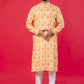 Men’s Designer Kurta – Red Alpona Yellow Print Ethnic Wear, Premium Cotton Blend, Double-Stitched for Durability, Wooden Button Detailing, Perfect for Weddings, Festivals & Traditional Occasions