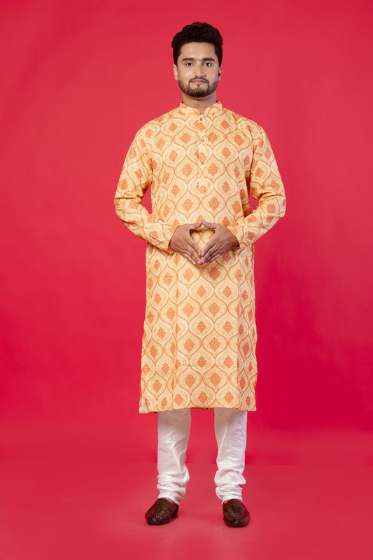 Men’s Designer Kurta – Red Alpona Yellow Print Ethnic Wear, Premium Cotton Blend, Double-Stitched for Durability, Wooden Button Detailing, Perfect for Weddings, Festivals & Traditional Occasions
