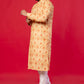 Men’s Designer Kurta – Red Alpona Yellow Print Ethnic Wear, Premium Cotton Blend, Double-Stitched for Durability, Wooden Button Detailing, Perfect for Weddings, Festivals & Traditional Occasions