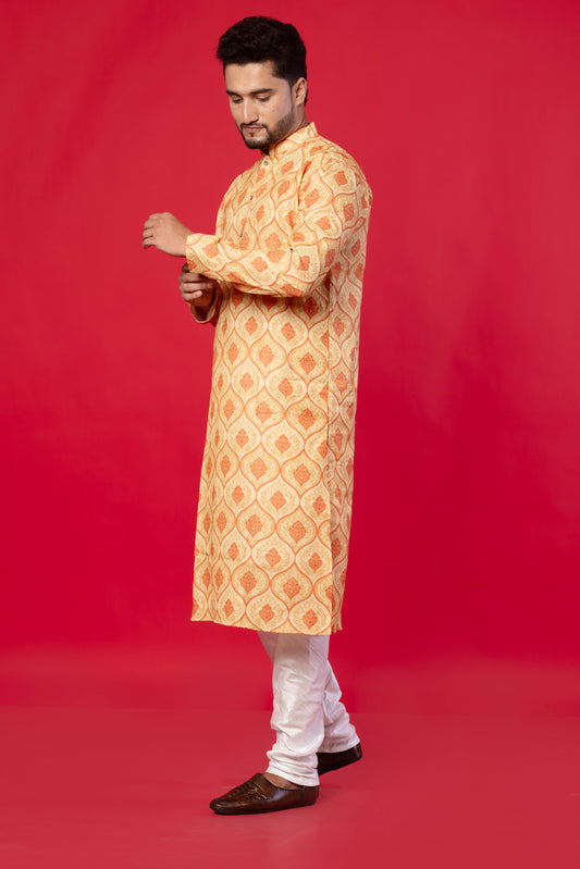 Men’s Designer Kurta – Red Alpona Yellow Print Ethnic Wear, Premium Cotton Blend, Double-Stitched for Durability, Wooden Button Detailing, Perfect for Weddings, Festivals & Traditional Occasions