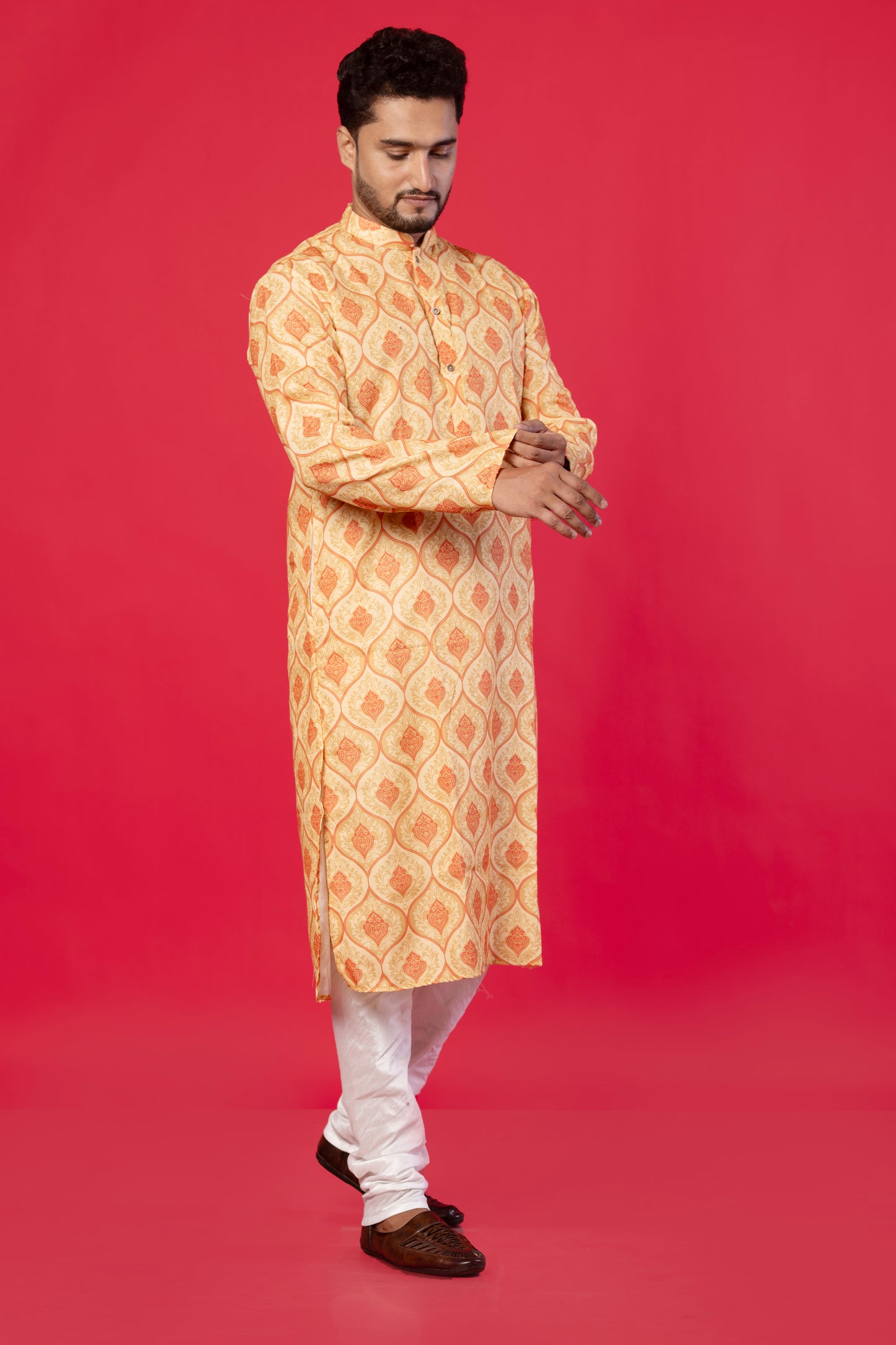 Men’s Designer Kurta – Red Alpona Yellow Print Ethnic Wear, Premium Cotton Blend, Double-Stitched for Durability, Wooden Button Detailing, Perfect for Weddings, Festivals & Traditional Occasions