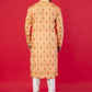 Men’s Designer Kurta – Red Alpona Yellow Print Ethnic Wear, Premium Cotton Blend, Double-Stitched for Durability, Wooden Button Detailing, Perfect for Weddings, Festivals & Traditional Occasions