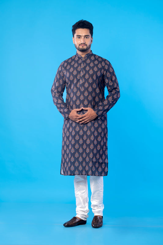 Men’s Black Designer Kurta – Floral Leaf Print Ethnic Wear, Soft Cotton Blend Fabric, Double-Stitched for Durability, Wooden Button Detailing, Perfect for Weddings, Festivals &amp; Traditional Occasions