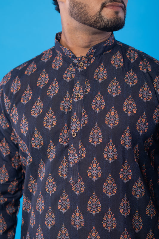 Men’s Black Designer Kurta – Floral Leaf Print Ethnic Wear, Soft Cotton Blend Fabric, Double-Stitched for Durability, Wooden Button Detailing, Perfect for Weddings, Festivals &amp; Traditional Occasions