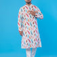 Men’s White Leaf Print Kurta – Multicolor Design, Soft Fabric, Double-Stitched for Durability, Festive & Casual Wear