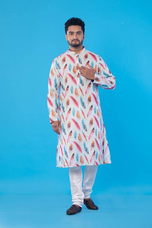 Men’s White Leaf Print Kurta – Multicolor Design, Soft Fabric, Double-Stitched for Durability, Festive & Casual Wear