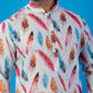 Men’s White Leaf Print Kurta – Multicolor Design, Soft Fabric, Double-Stitched for Durability, Festive & Casual Wear