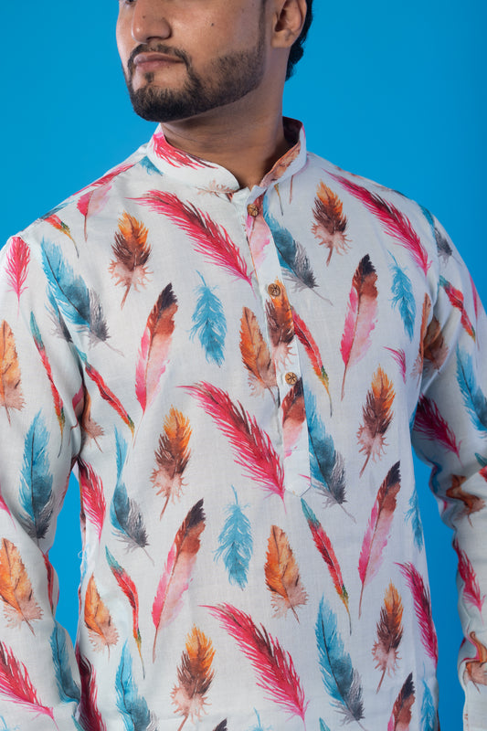 Men’s White Leaf Print Kurta – Multicolor Design, Soft Fabric, Double-Stitched for Durability, Festive & Casual Wear