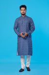 Fabriq by FFace Men's White Dot Blue Cotton Blend Long Kurta – Designer Ethnic Wear with Wooden Buttons, Double Stitched, Perfect for Festivals, Weddings, Parties & Casual Wear