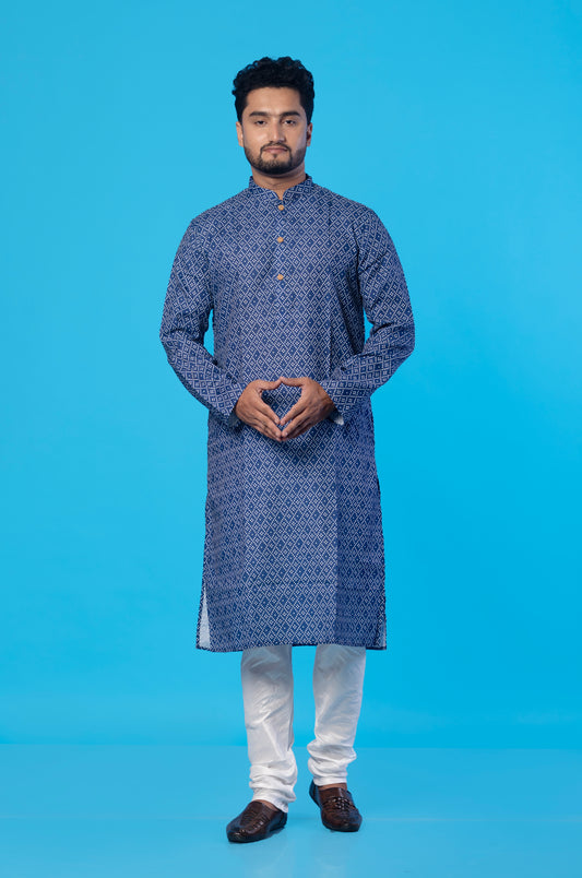 Fabriq by FFace Men's White Dot Blue Cotton Blend Long Kurta – Designer Ethnic Wear with Wooden Buttons, Double Stitched, Perfect for Festivals, Weddings, Parties & Casual Wear