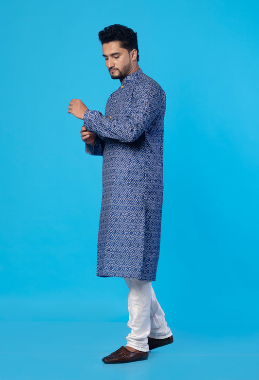 Fabriq by FFace Men's White Dot Blue Cotton Blend Long Kurta – Designer Ethnic Wear with Wooden Buttons, Double Stitched, Perfect for Festivals, Weddings, Parties & Casual Wear