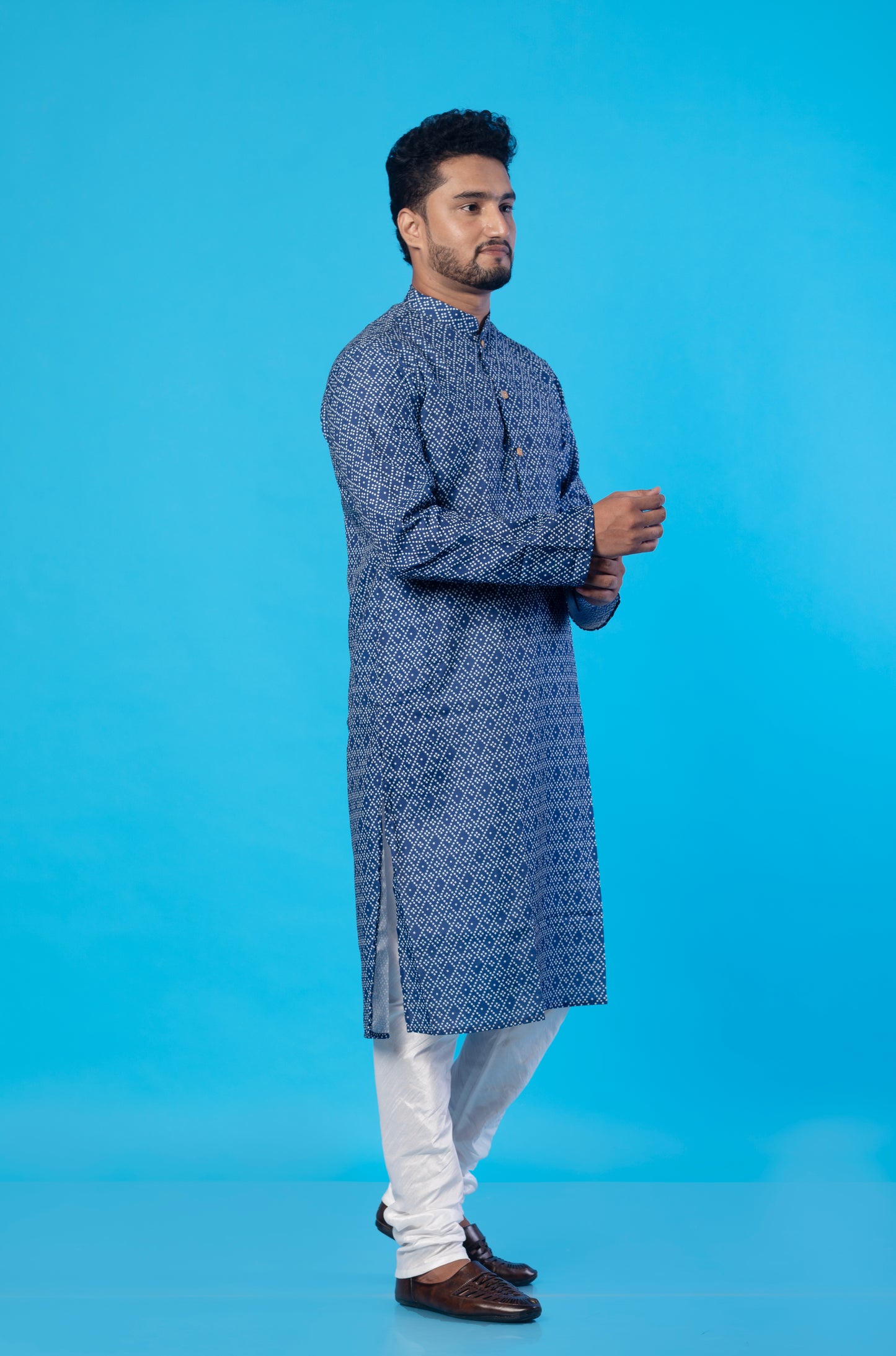 Fabriq by FFace Men's White Dot Blue Cotton Blend Long Kurta – Designer Ethnic Wear with Wooden Buttons, Double Stitched, Perfect for Festivals, Weddings, Parties & Casual Wear