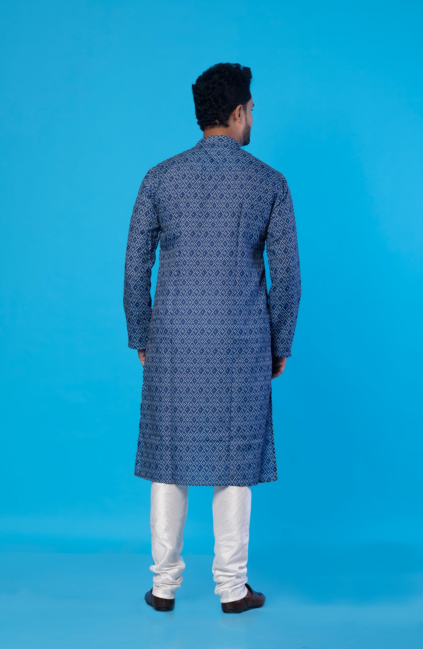 Fabriq by FFace Men's White Dot Blue Cotton Blend Long Kurta – Designer Ethnic Wear with Wooden Buttons, Double Stitched, Perfect for Festivals, Weddings, Parties & Casual Wear