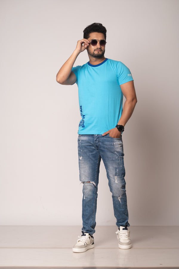 Men's Light Blue Round Neck T-Shirt | Cotton Fabric | Casual and Party Wear