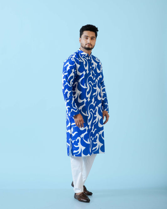 Fabriq by FFACE Stylish Blue and White Printed Men's Kurta, 100% Cotton, Knee-Length