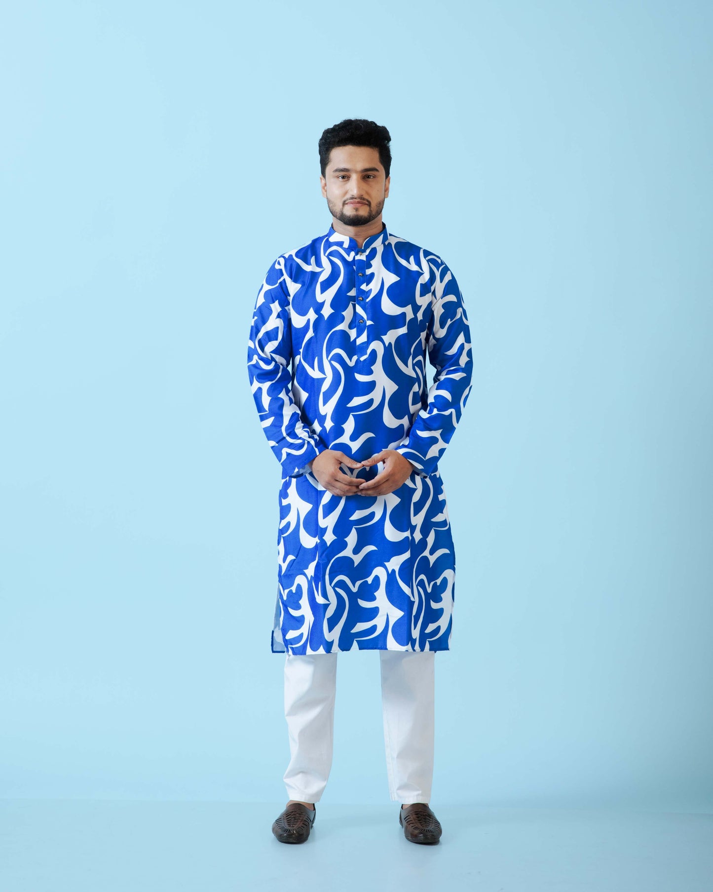 Fabriq by FFACE Stylish Blue and White Printed Men's Kurta, 100% Cotton, Knee-Length