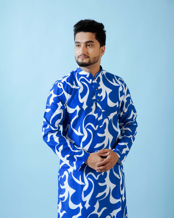 Men's Stylish Blue & White Printed Kurta | Cotton Fabric | For Casual & Occasional Wear