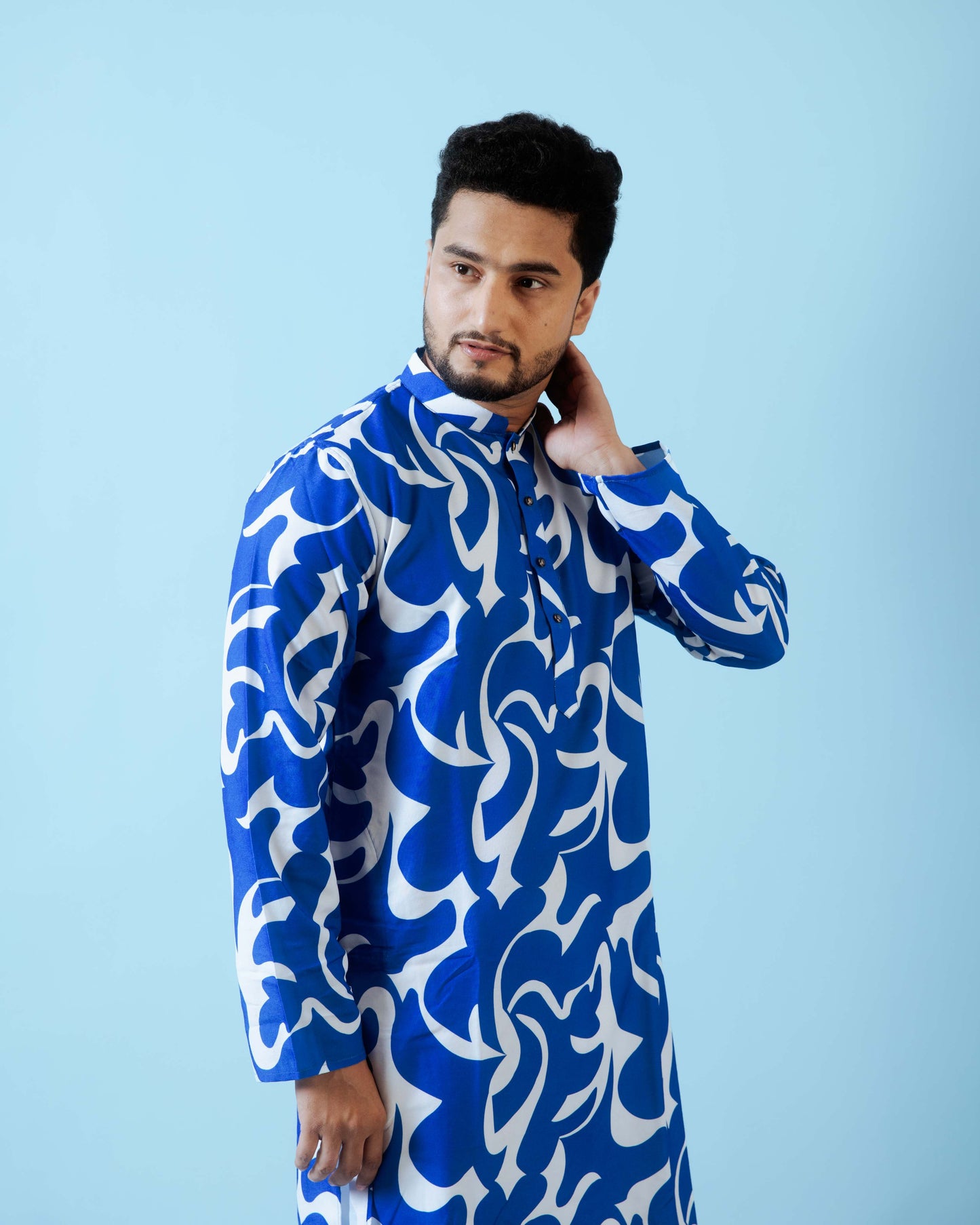 Fabriq by FFACE Stylish Blue and White Printed Men's Kurta, 100% Cotton, Knee-Length