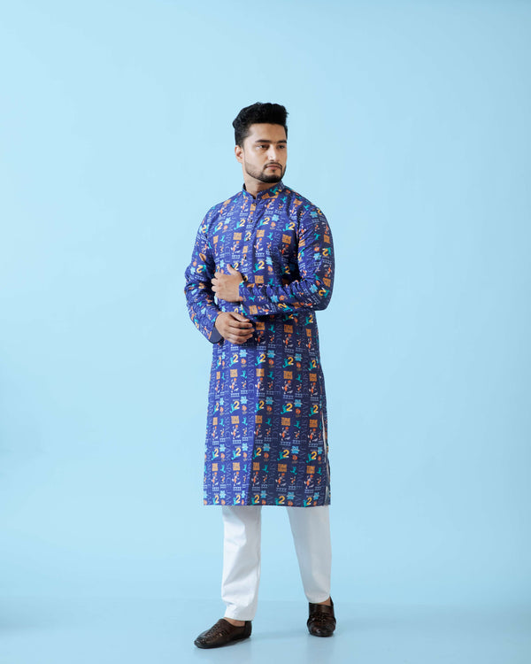 Men's Blue Quirky Printed Kurta | Cotton Fabric | Casual & Festive Wear