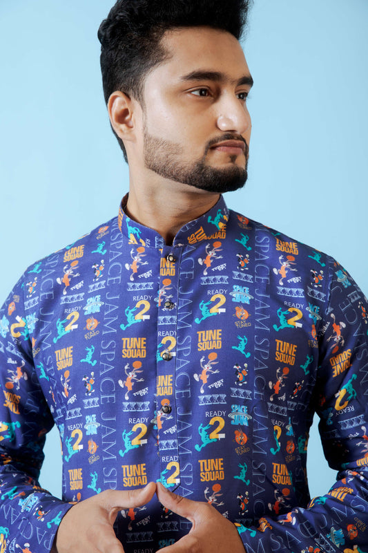 Fabriq by FFACE Men's Printed Kurta, Blue, Full Sleeves