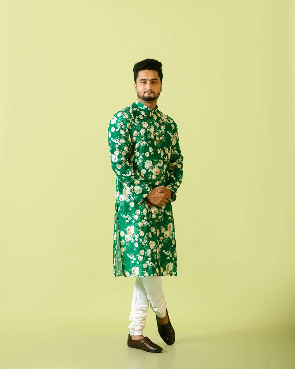 Men's Green Floral Printed Kurta | Cotton Fabric | Casual & Festive Wear