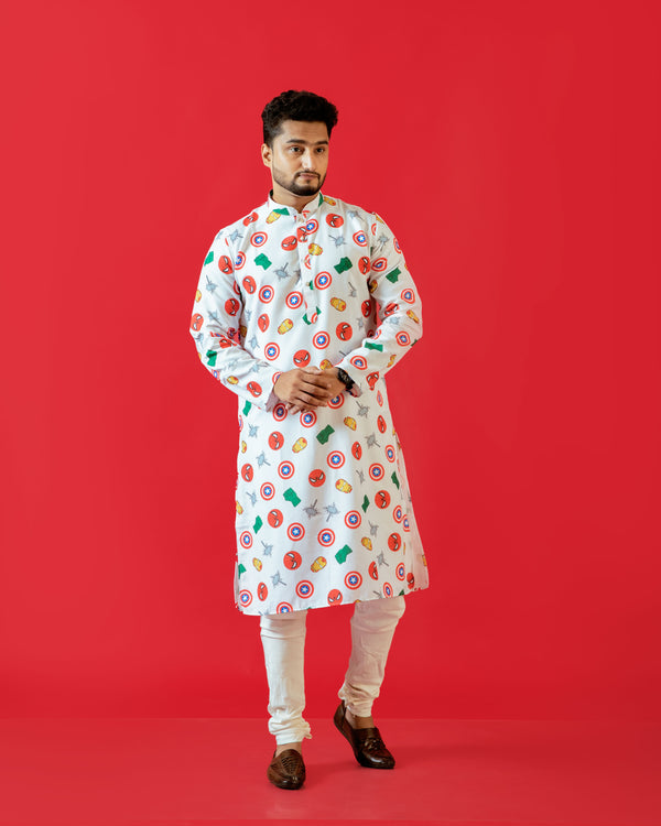 Men's White Quirky Printed Kurta | Cotton Fabric | Casual & Festive Wear