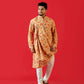 Fabriq by FFace Men's Feather Print Asymmetrical Kurta, Cotton Blend, Band Collar, Full Sleeve, Peach, Regular Fit