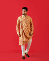 Fabriq by FFace Men's Feather Print Asymmetrical Kurta, Cotton Blend, Band Collar, Full Sleeve, Peach, Regular Fit