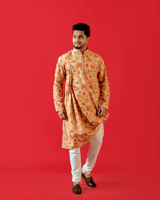 Fabriq by FFace Men's Feather Print Asymmetrical Kurta, Cotton Blend, Band Collar, Full Sleeve, Peach, Regular Fit