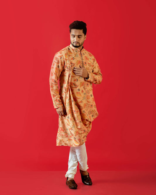 Fabriq by FFace Men's Feather Print Asymmetrical Kurta, Cotton Blend, Band Collar, Full Sleeve, Peach, Regular Fit