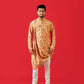 Fabriq by FFace Men's Feather Print Asymmetrical Kurta, Cotton Blend, Band Collar, Full Sleeve, Peach, Regular Fit