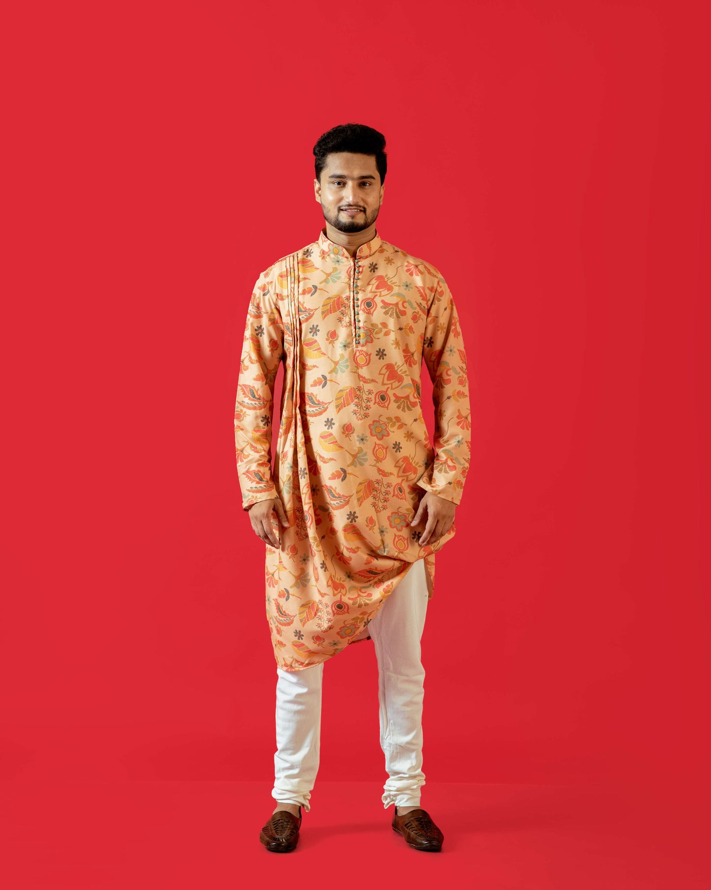 Fabriq by FFace Men's Feather Print Asymmetrical Kurta, Cotton Blend, Band Collar, Full Sleeve, Peach, Regular Fit