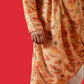 Fabriq by FFace Men's Feather Print Asymmetrical Kurta, Cotton Blend, Band Collar, Full Sleeve, Peach, Regular Fit