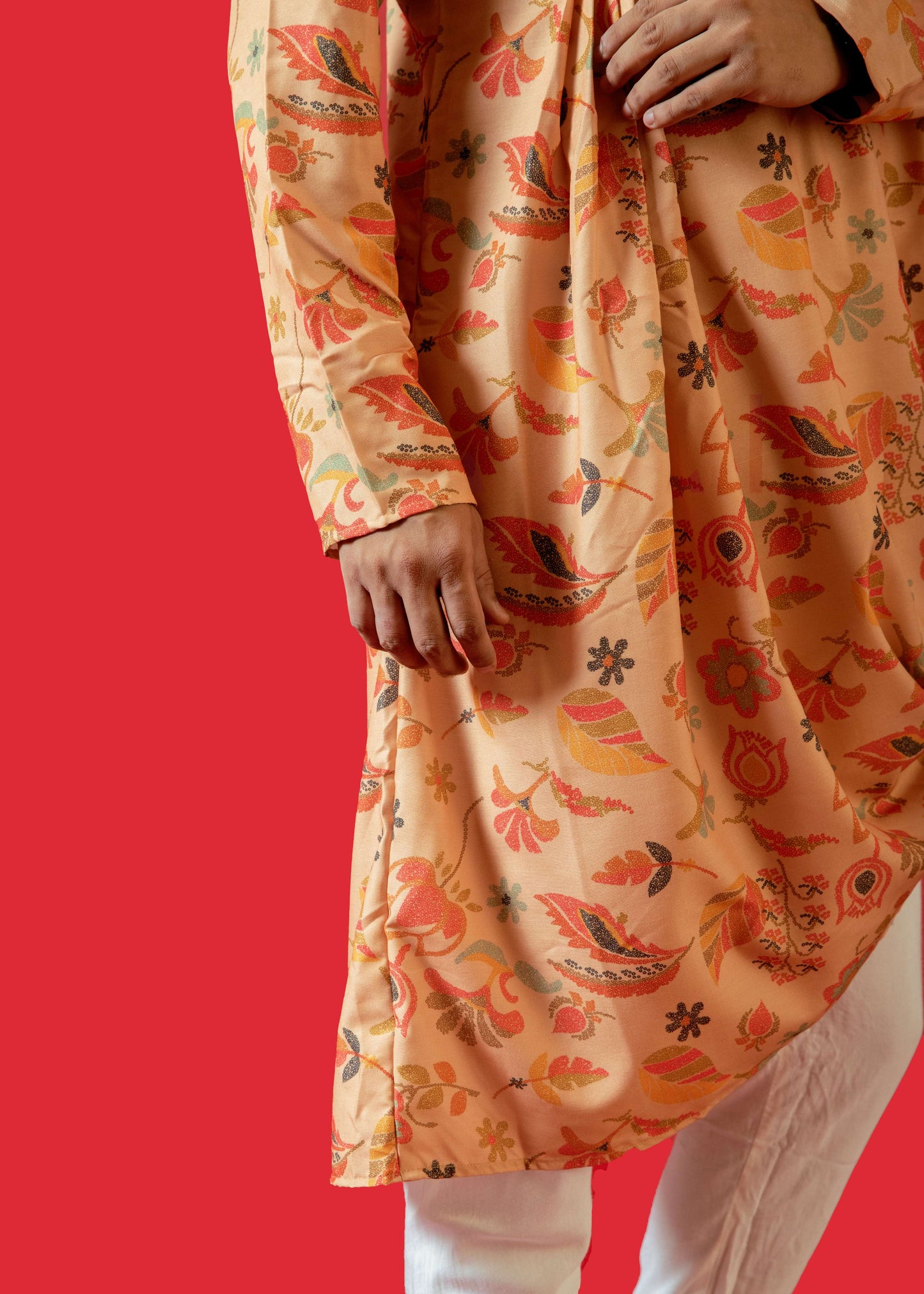 Fabriq by FFace Men's Feather Print Asymmetrical Kurta, Cotton Blend, Band Collar, Full Sleeve, Peach, Regular Fit