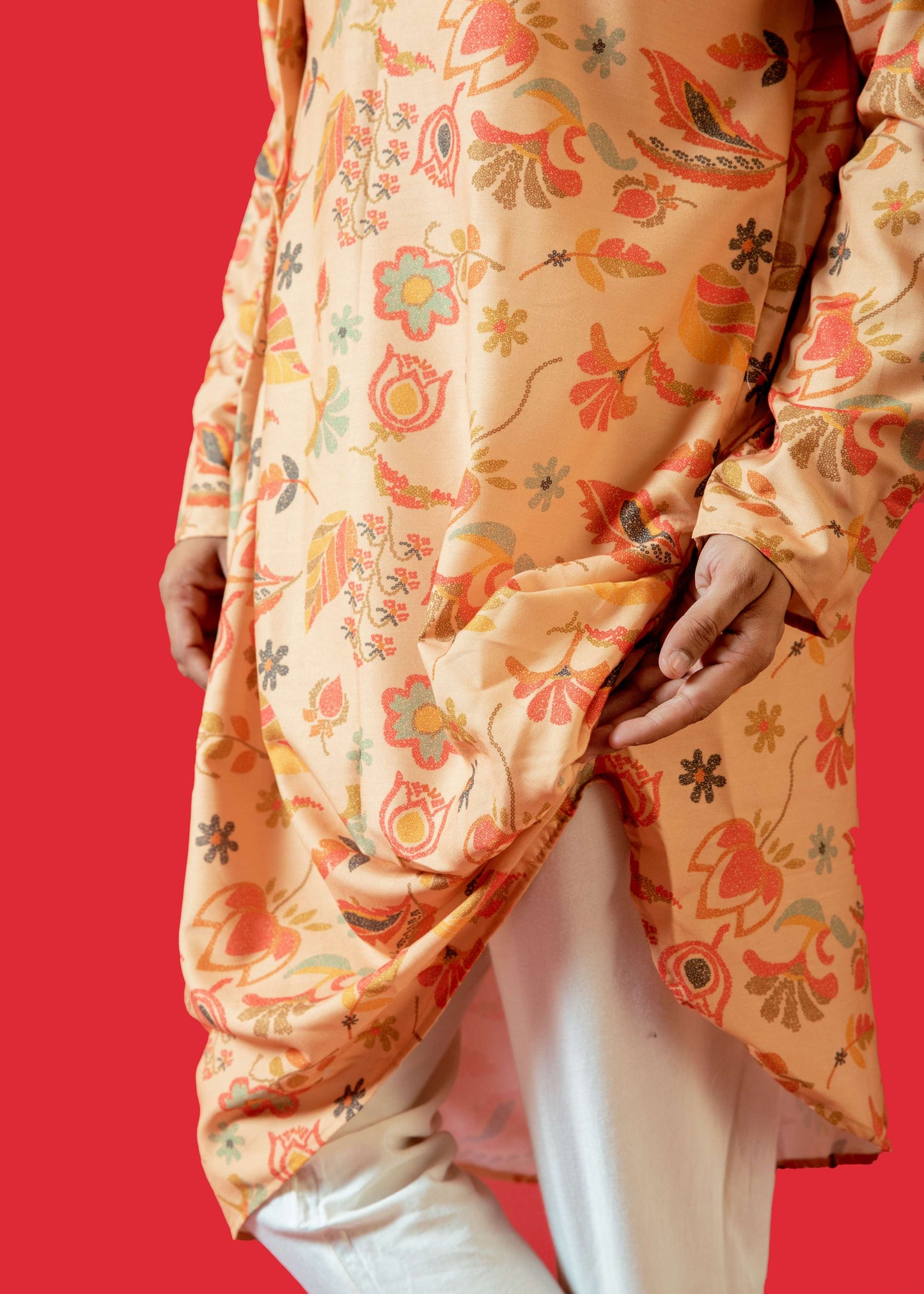 Fabriq by FFace Men's Feather Print Asymmetrical Kurta, Cotton Blend, Band Collar, Full Sleeve, Peach, Regular Fit