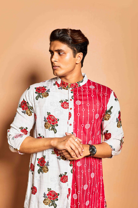 Fabriq by FFACE Floral Print Kurta, Red and White, 100% Cotton,