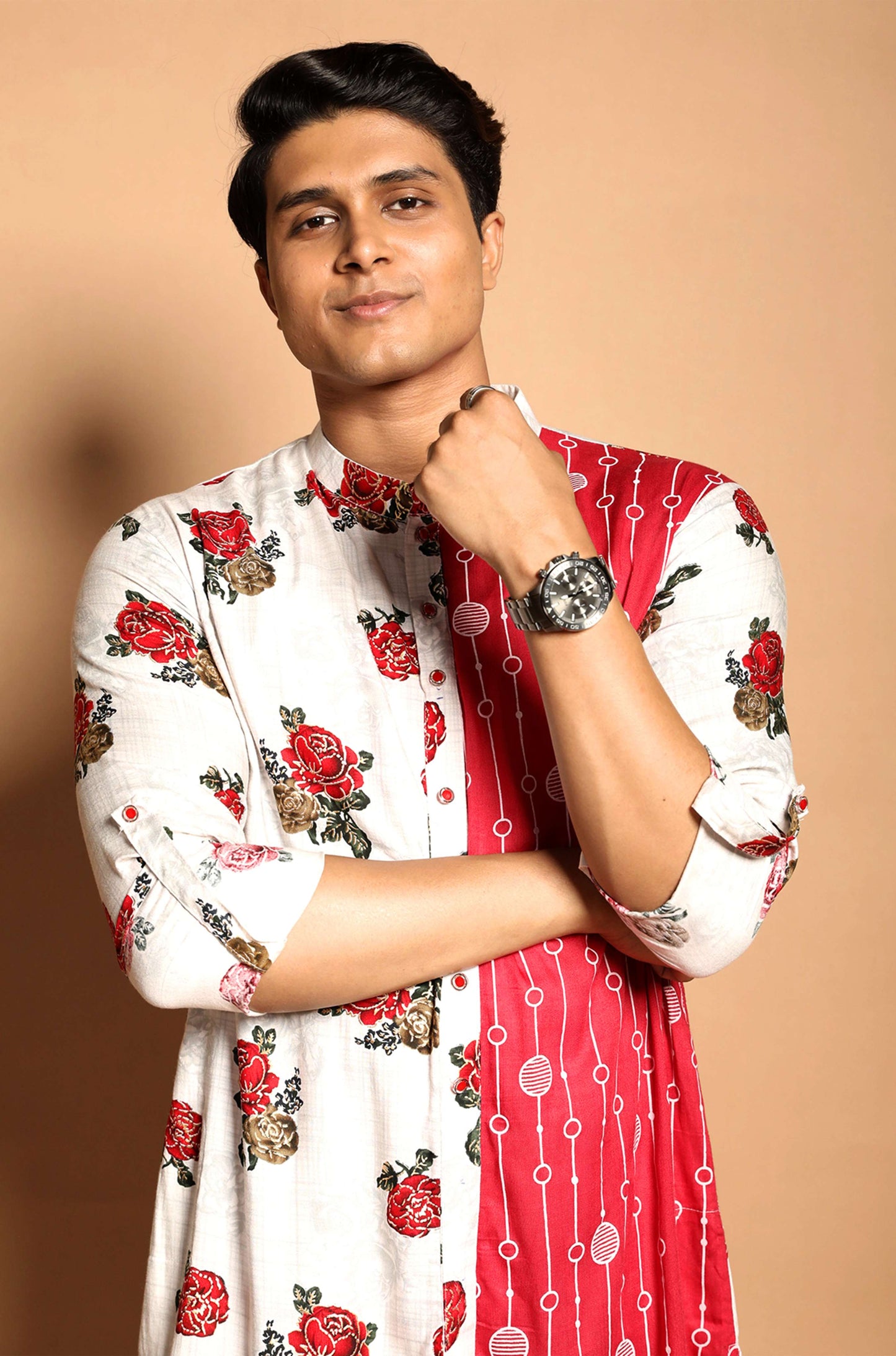 Fabriq by FFACE Floral Print Kurta, Red and White, 100% Cotton,