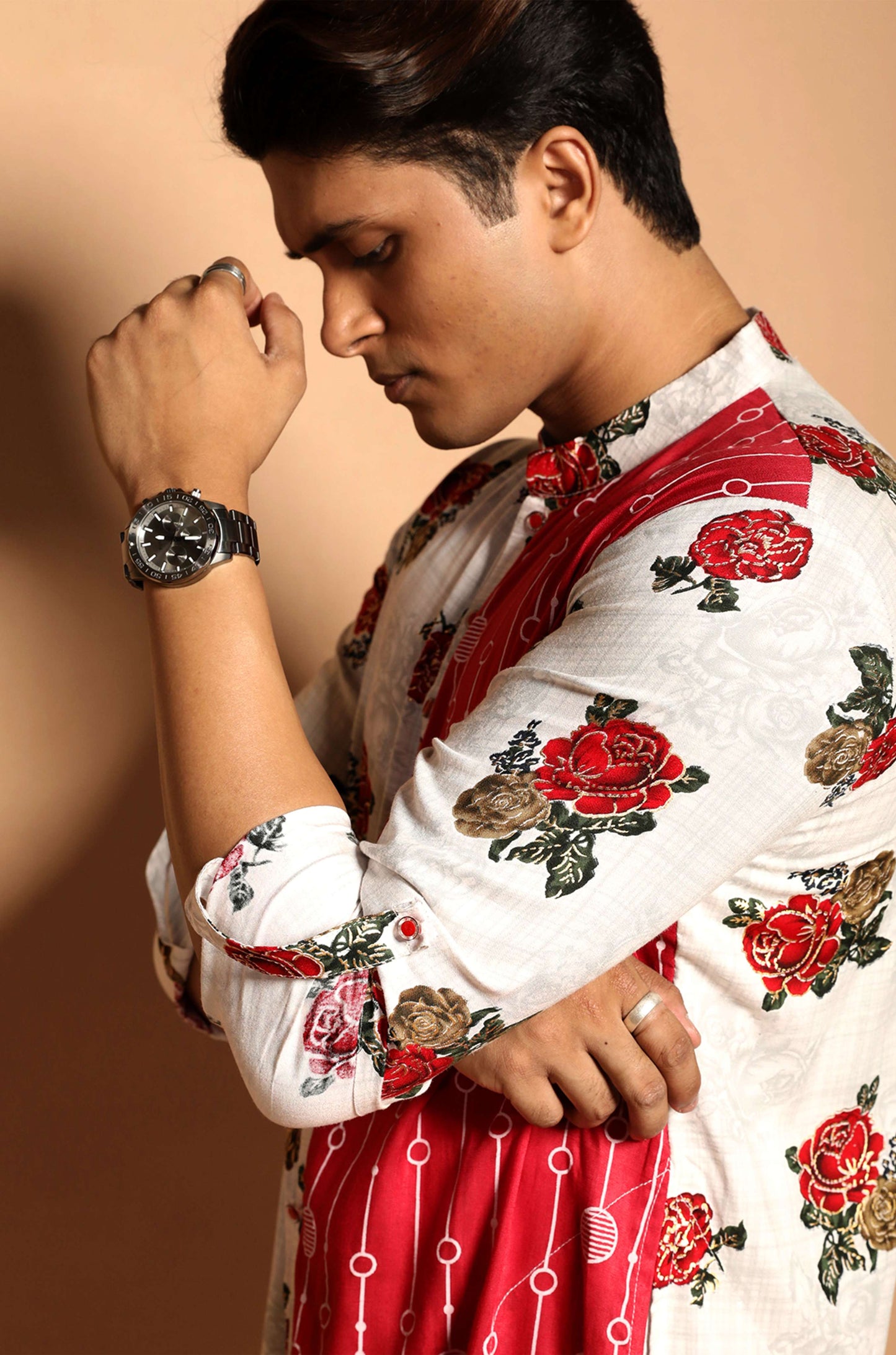 Fabriq by FFACE Floral Print Kurta, Red and White, 100% Cotton,