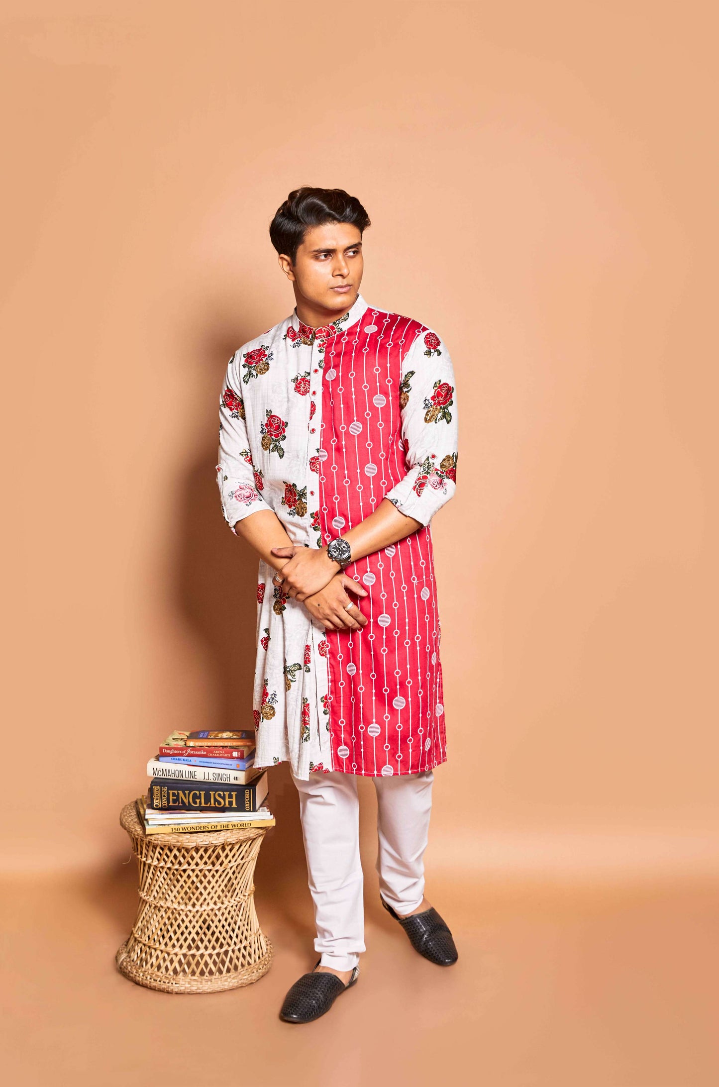 Fabriq by FFACE Floral Print Kurta, Red and White, 100% Cotton,