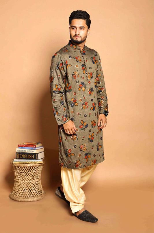 Fabriq by FFACE Floral Print Kurta, Moss green with Orange and Navy Floral Motifs, 100% Cotton