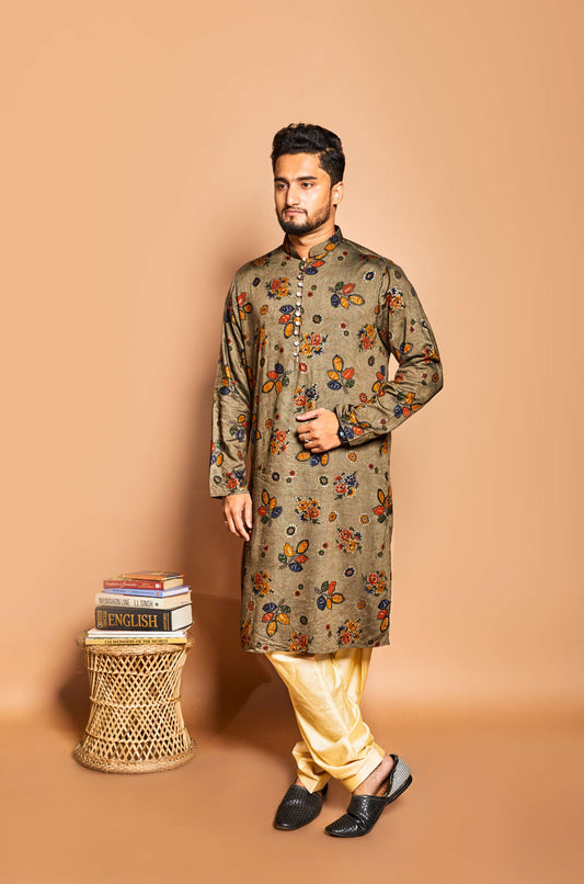 Fabriq by FFACE Floral Print Kurta, Moss green with Orange and Navy Floral Motifs, 100% Cotton