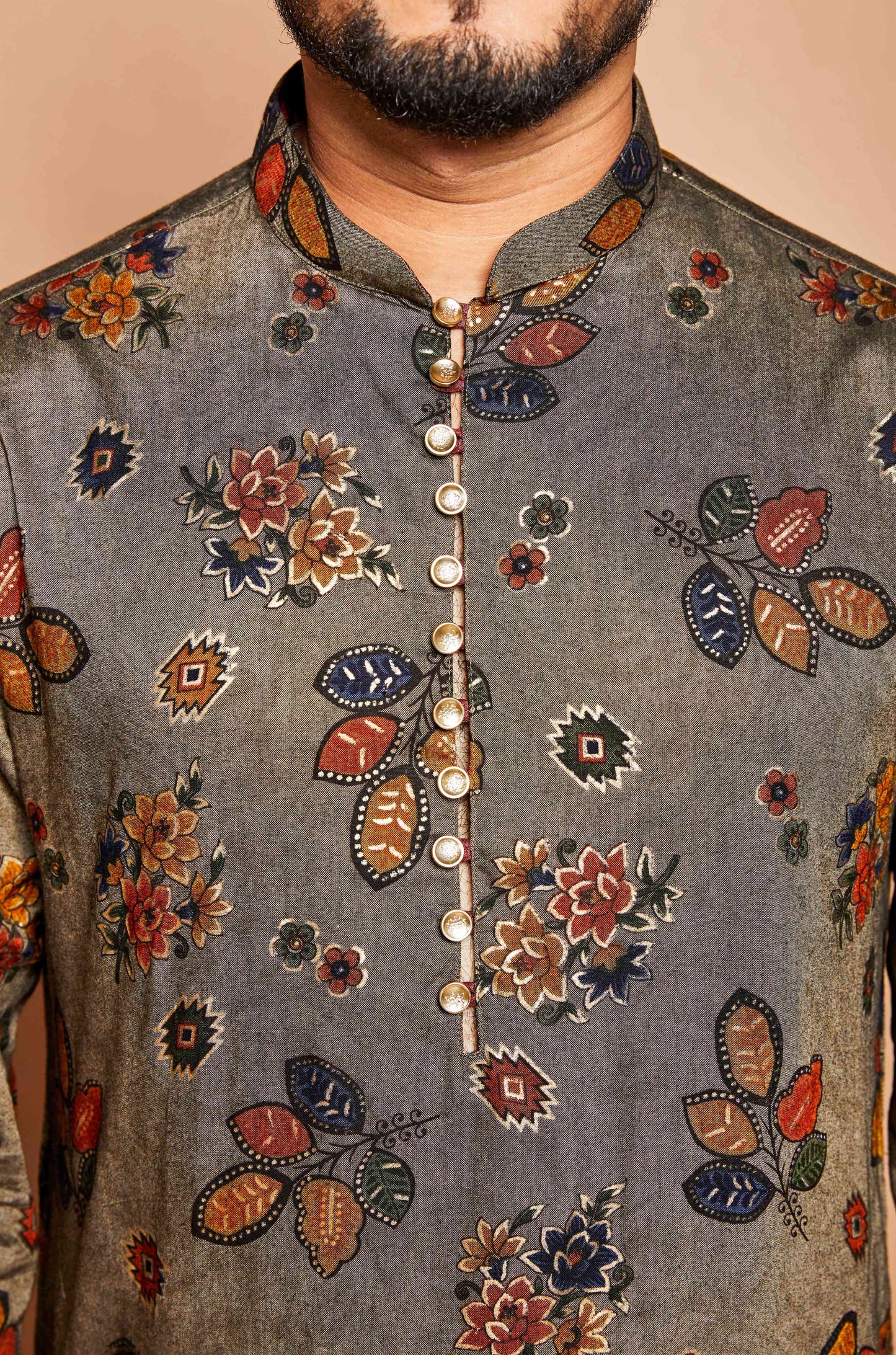 Fabriq by FFACE Floral Print Kurta, Moss green with Orange and Navy Floral Motifs, 100% Cotton