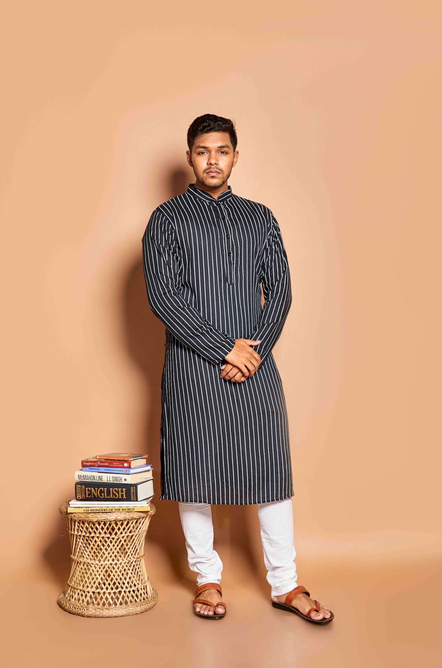 Fabriq by FFACE Striped Kurta, Black and White, Cotton, Full-Length