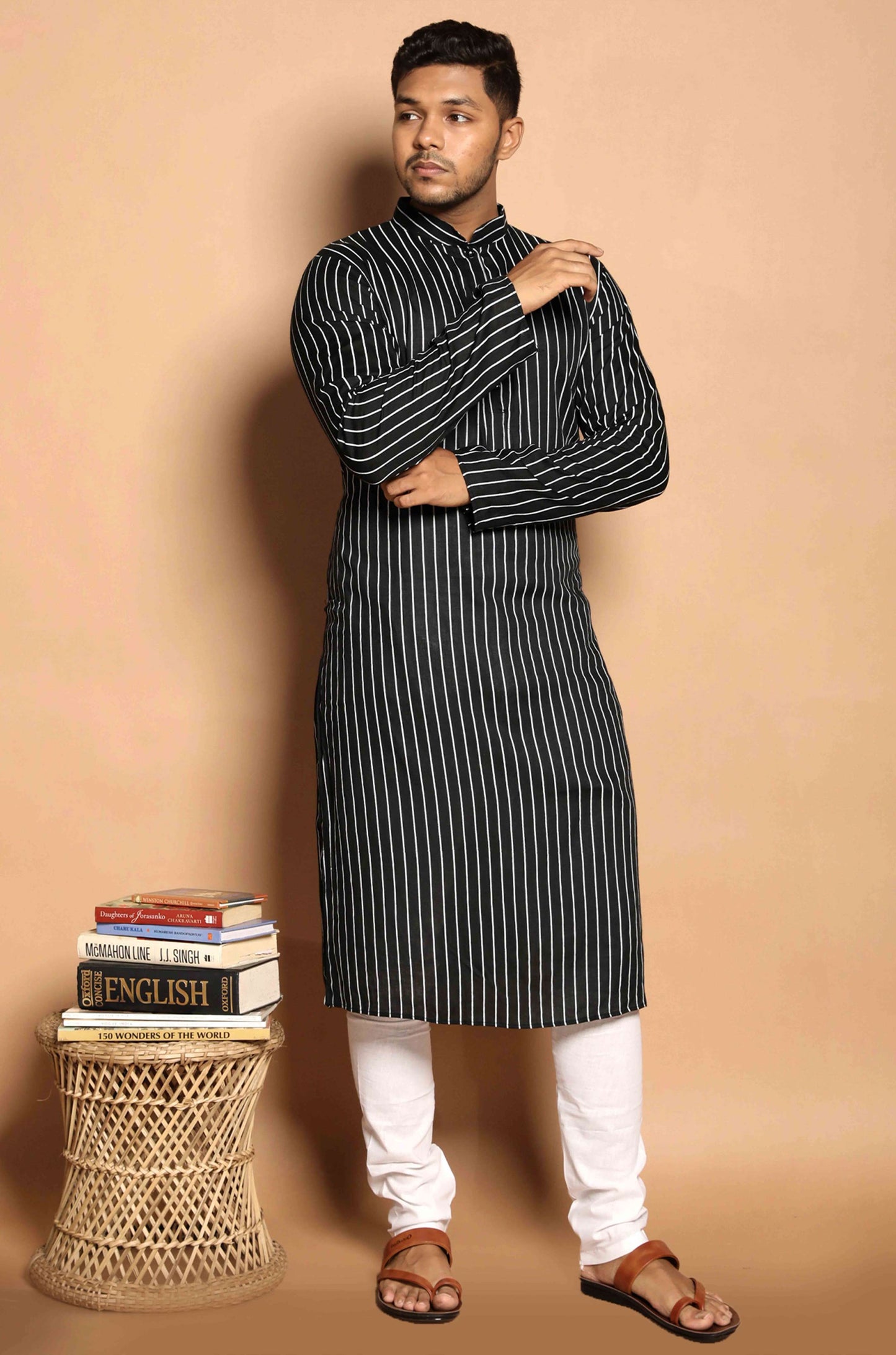 Fabriq by FFACE Striped Kurta, Black and White, Cotton, Full-Length
