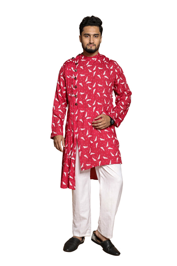 Men's Red & White Kurta | Cotton Fabric | Festive & Casual Wear