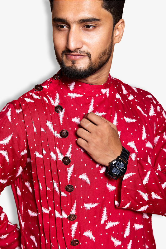 Fabriq by FFACE Men's Festive Christmas Print Shirt, Red and White Pattern, Full Sleeves