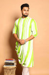 Fabriq by FFACE Men's Striped Kurta, Green and White, Cotton, Asymmetrical