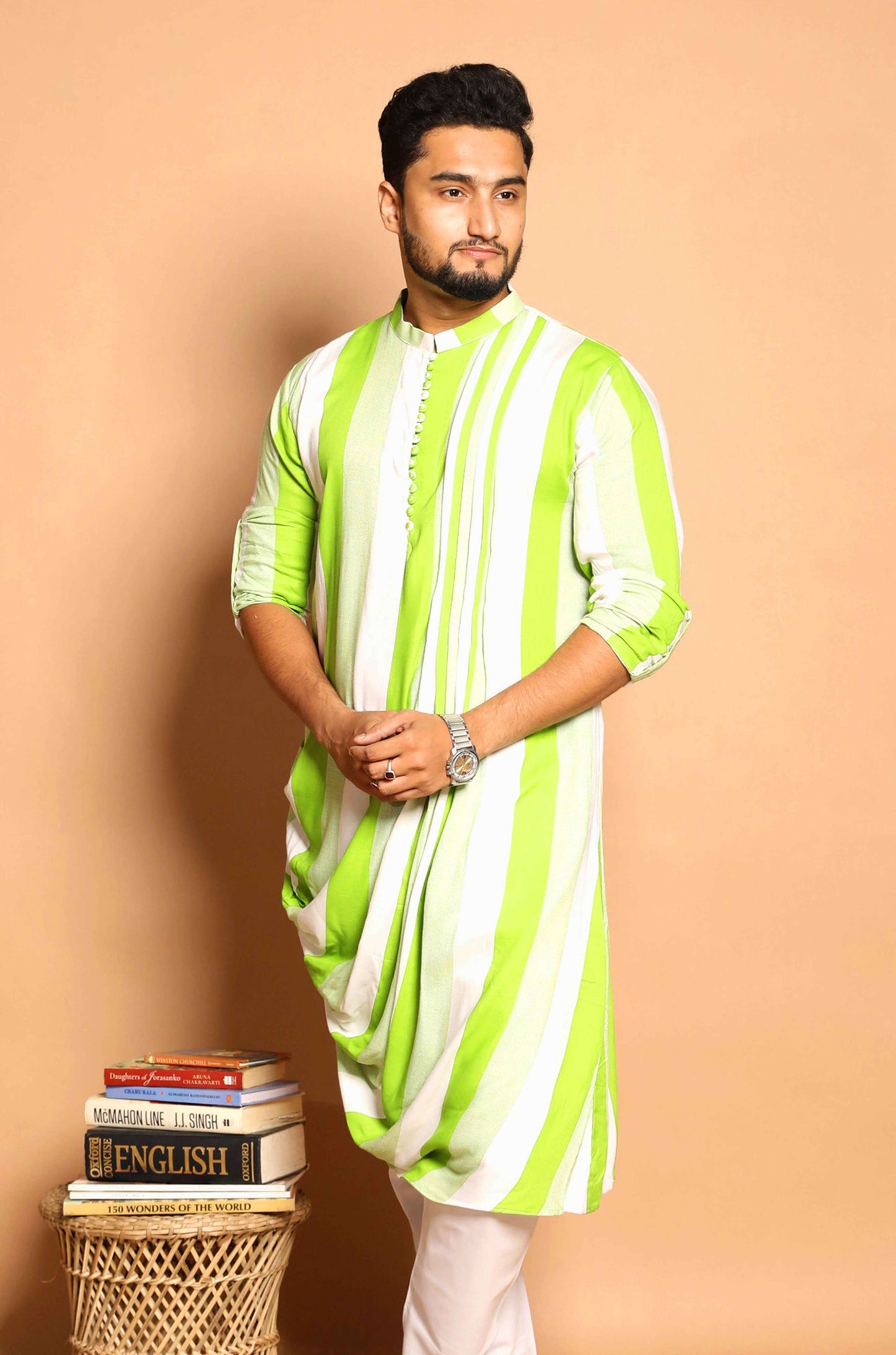 Fabriq by FFACE Men's Striped Kurta, Green and White, Cotton, Asymmetrical