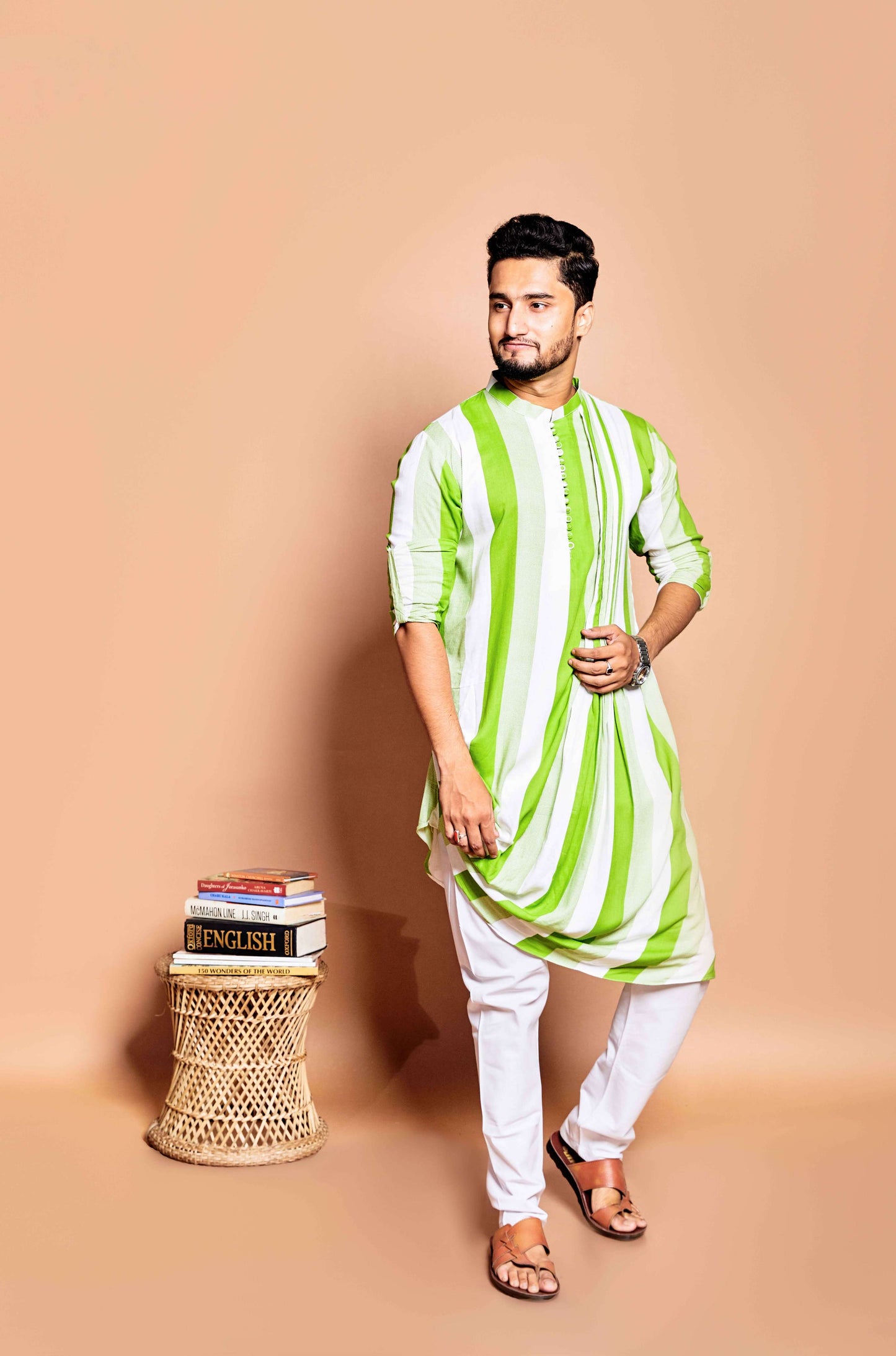 Fabriq by FFACE Men's Striped Kurta, Green and White, Cotton, Asymmetrical